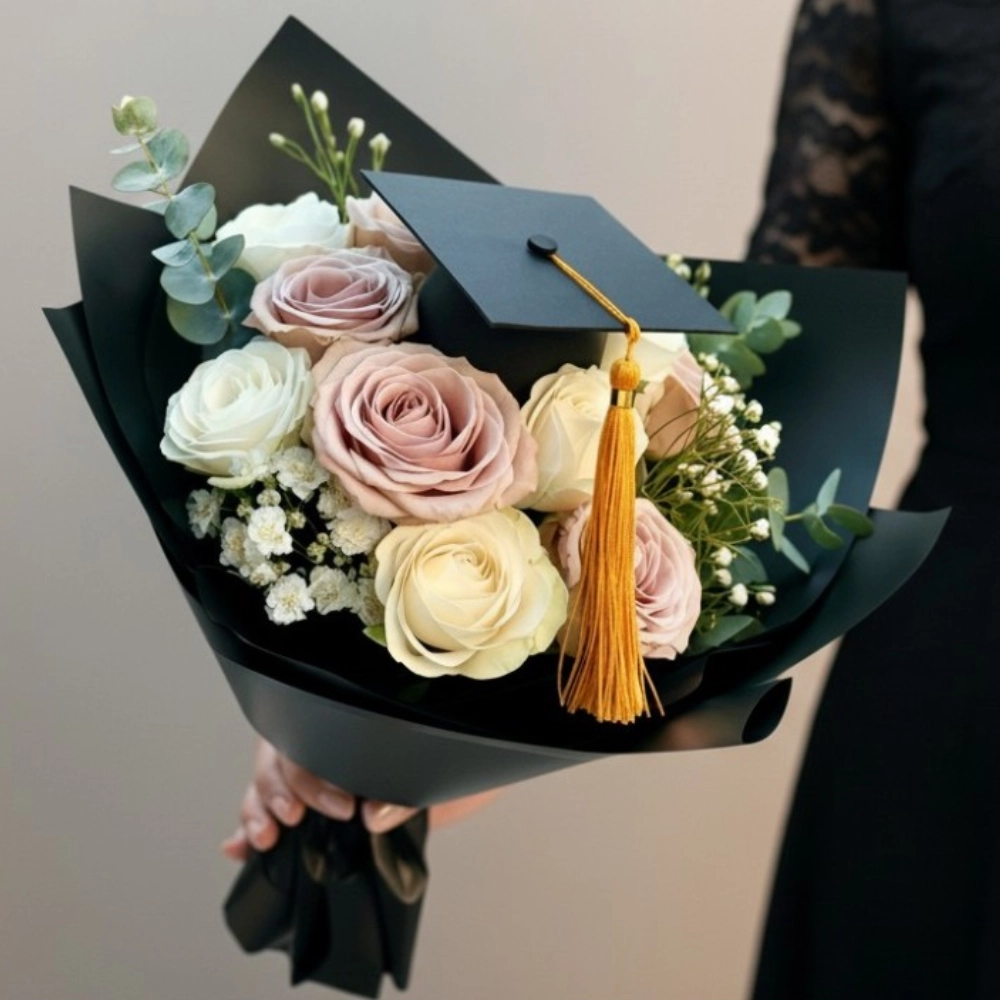 Sweet-Graduation-Roses-Pink-&-White-Roses-with-Graduation Hat-2